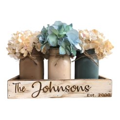 Personalized Name Established Date CUSTOM Tray ENGRAVED Wood Mason Canning 
Pint Quart JARS & Florals Optional Centerpiece Kitchen Table Decor 
Distressed Rustic Housewarming Wedding Anniversary Decor